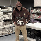 Men's Bat Print Velvet Hoodie - American Retro Pullover with Wool Lining (Dark Brown) Pi-Mart