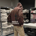 Men's Bat Print Velvet Hoodie - American Retro Pullover with Wool Lining (Dark Brown) Pi-Mart