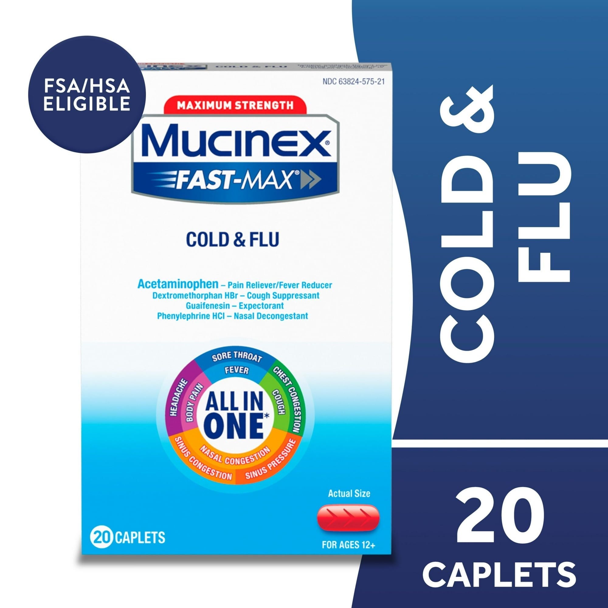 Mucinex Fast-Max Cold and Flu Medicine, OTC Cough & Sore Throat Relief, Expectorant, FSA, 20 Caplets