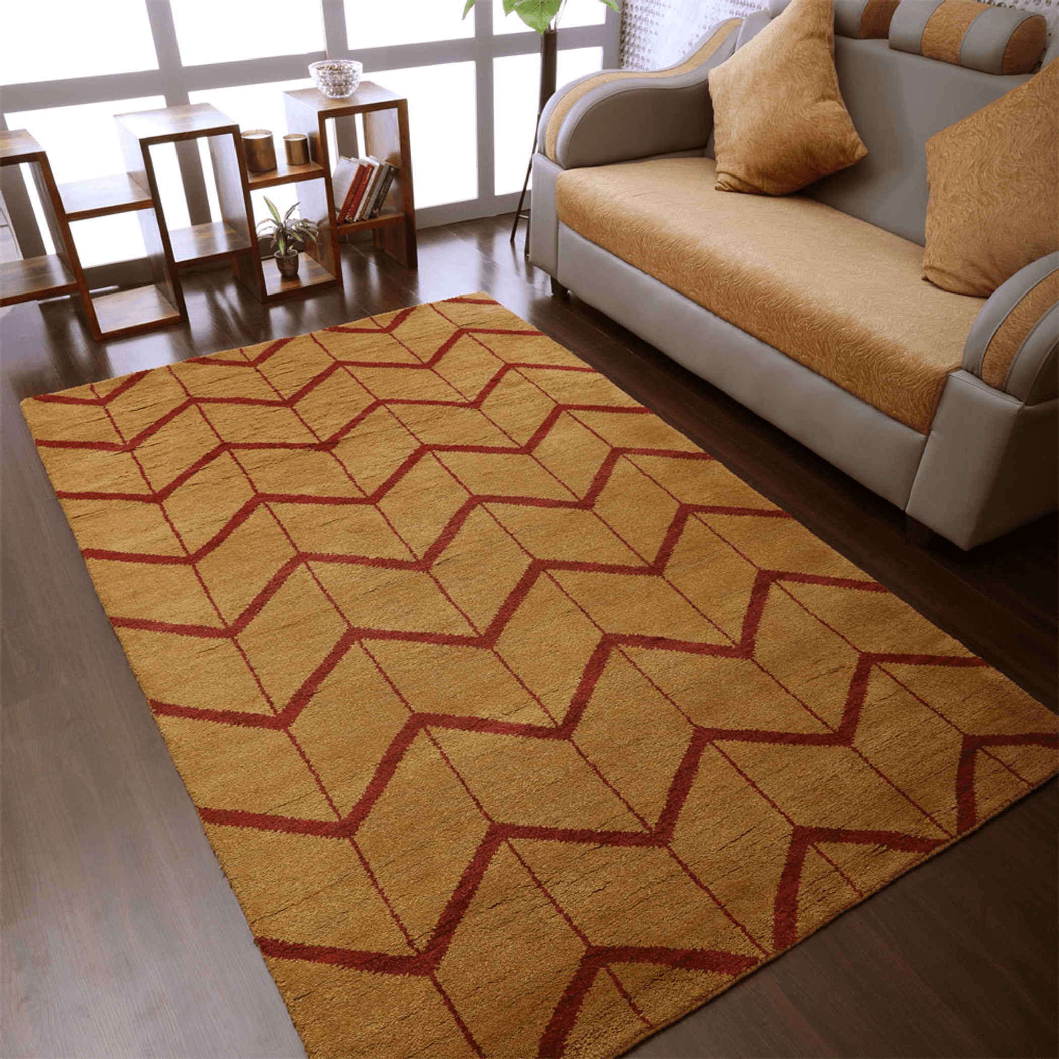 Rugsotic Hand Knotted Geometric Wool Area Rug In Gold Charcoal Lootquake LLC