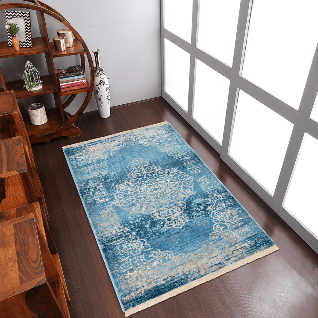 Rugsotic Carpets Machine Woven Crossweave Polyester Blue Area Rug Oriental Lootquake LLC