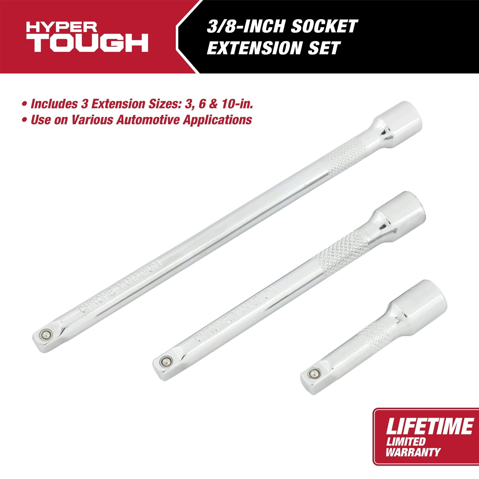 Hyper Tough 3/8-inch Socket Extension Set, 3-Sizes, Model 5807