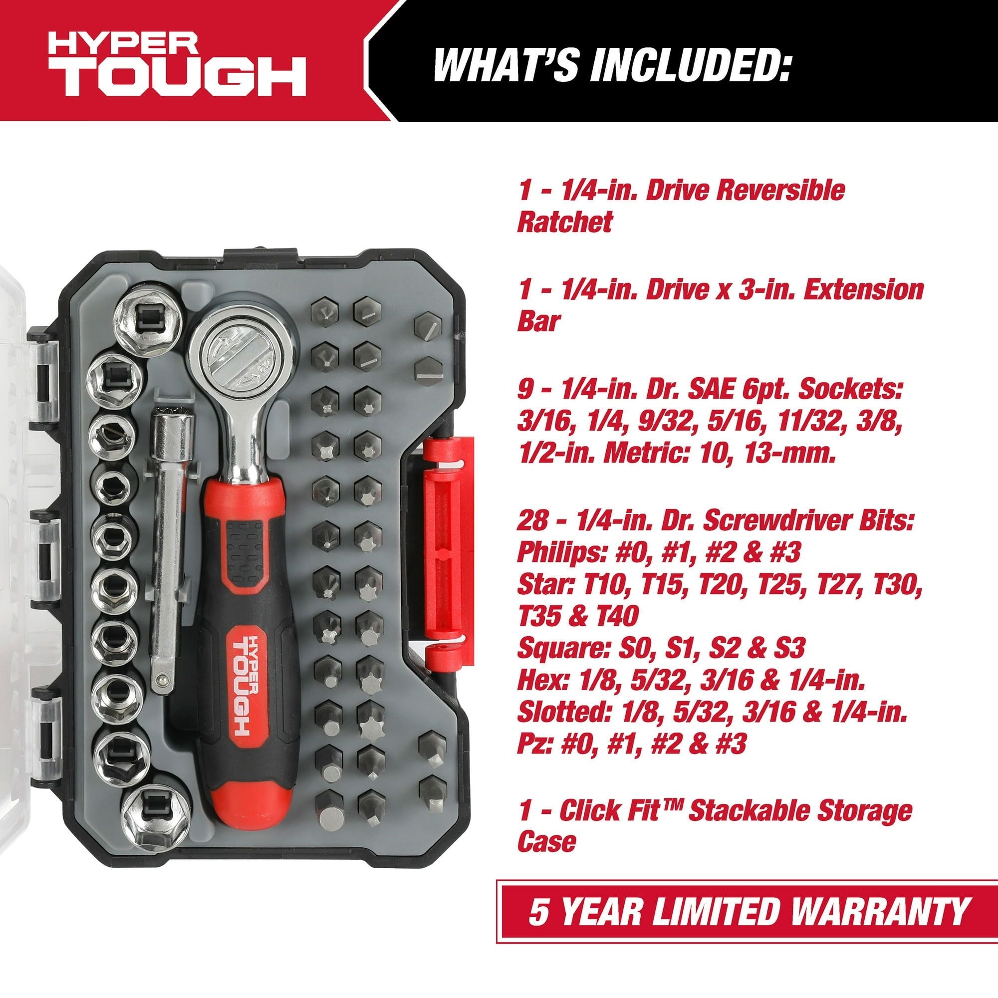 Hyper Tough 40-Piece Socket and Bit Set in Click Fit? Case, 42037CF EasyOptionXY LLC