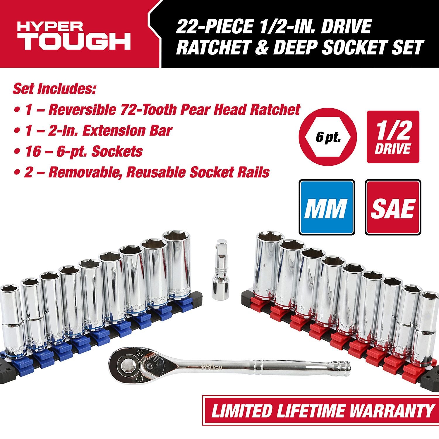 Hyper Tough 22-Piece 1/2-inch Drive Ratchet and Deep Socket SAE and Metric Set
