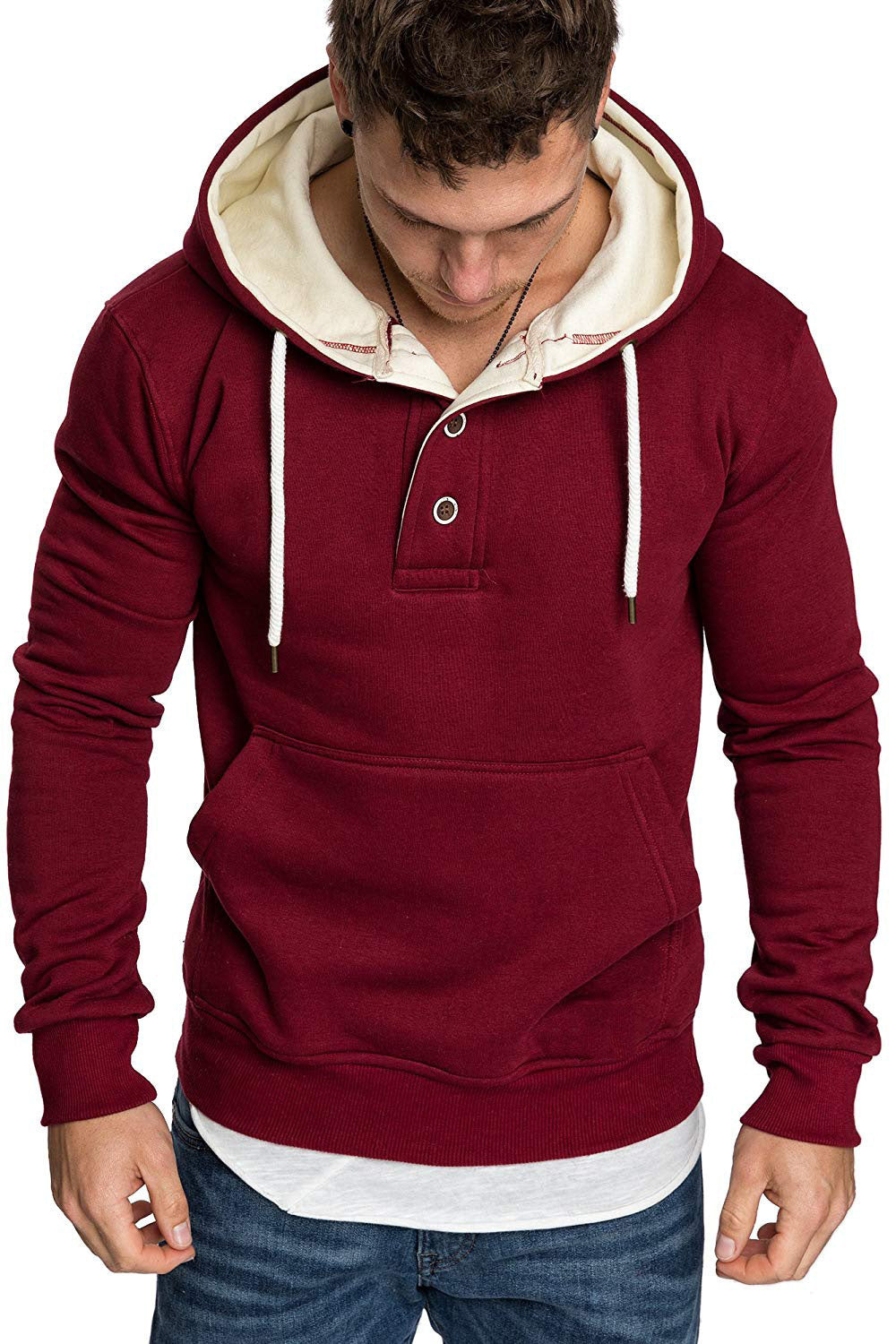 Button-Trim Hooded Fleece Sweatshirt - Cotton Blend Pullover with Pockets Pi-Mart