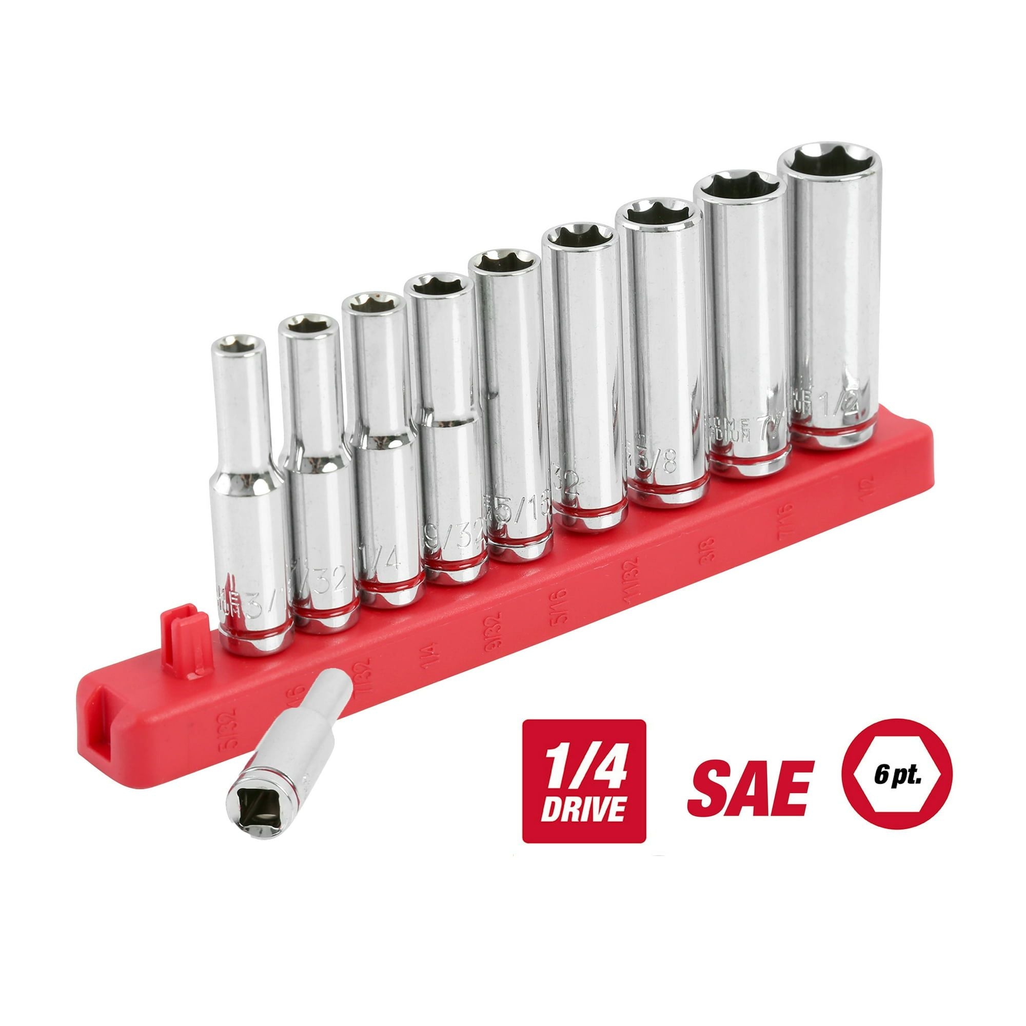 Hyper Tough 1/4-In Drive Deep Standard SAE Sockets, 11-Piece