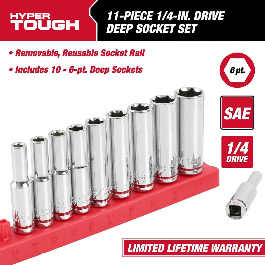Hyper Tough 1/4-In Drive Deep Standard SAE Sockets, 11-Piece