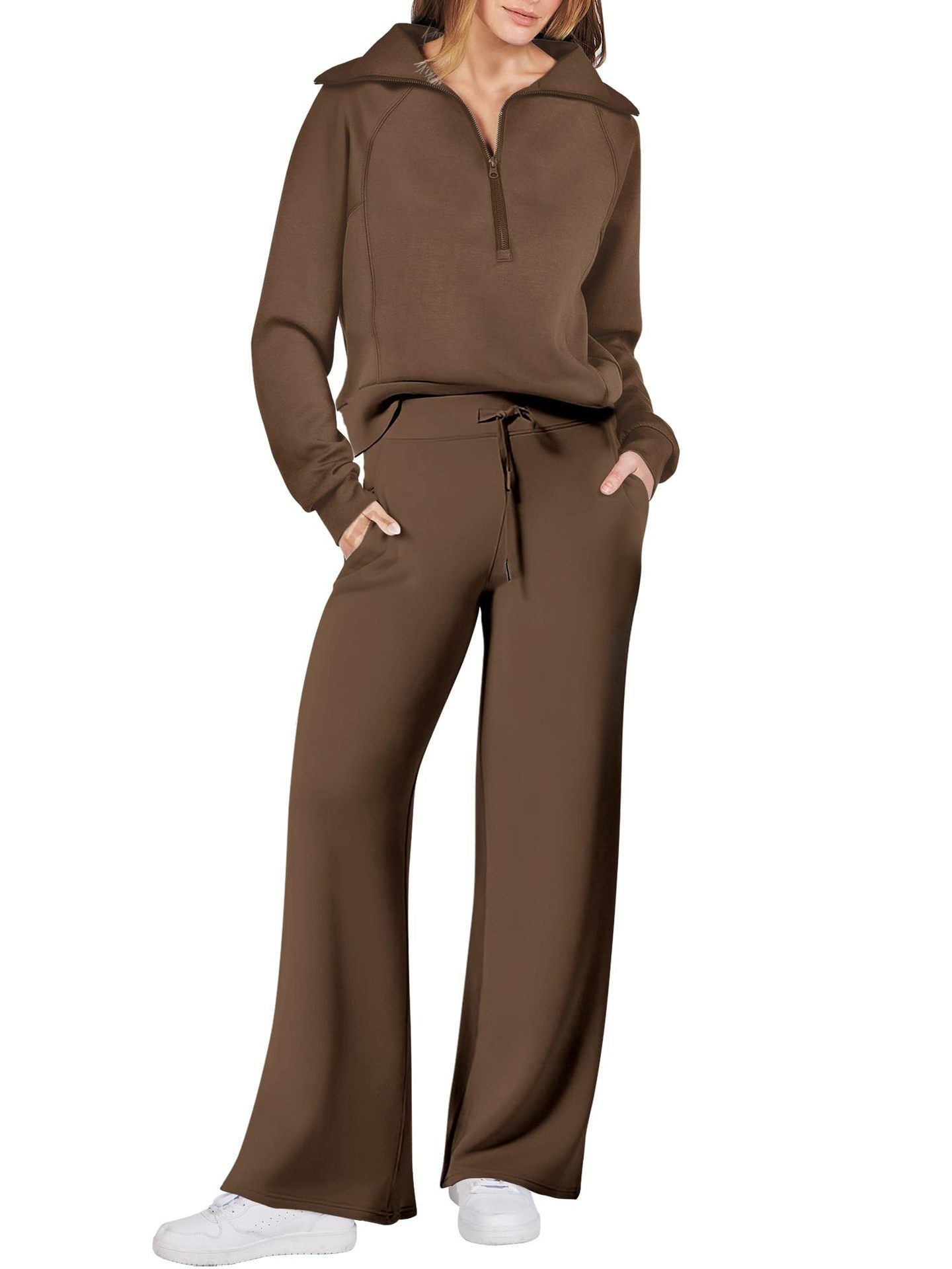 Leisure Sports Suit Long-sleeve Zipper Sweatshirt Wide Leg Pants Two-piece Set Pi-Mart