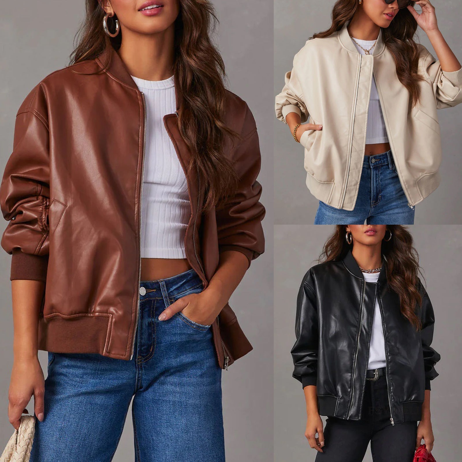 Leather Baseball Uniform Jacket Long-sleeved Motorcycle Jacket Leather Coat Pi-Mart