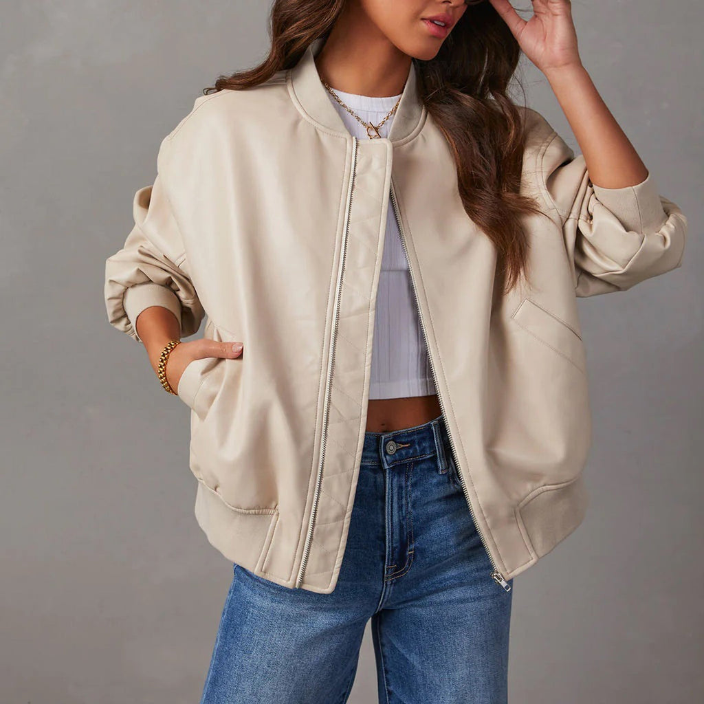 Leather Baseball Uniform Jacket Long-sleeved Motorcycle Jacket Leather Coat Pi-Mart