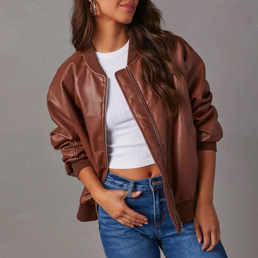 Leather Baseball Uniform Jacket Long-sleeved Motorcycle Jacket Leather Coat Pi-Mart