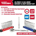 Hyper Tough 20-Piece 1/4-inch Drive Ratchet and Deep Socket Set, SAE and Metric Sockets