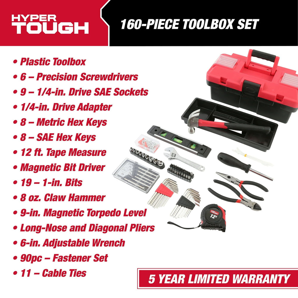 Hyper Tough 160-Piece Toolbox Set for Home and Auto Repairs