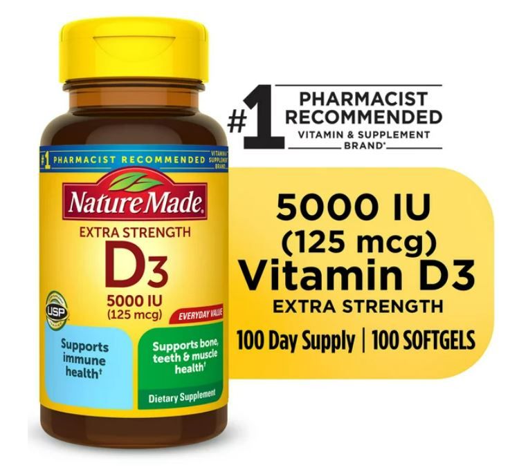 Nature Made Extra Strength Vitamin D3 5000 IU (125 mcg) Softgels, Dietary Supplement for Bone and Immune Health Support, 100 Count EasyOptionXY LLC