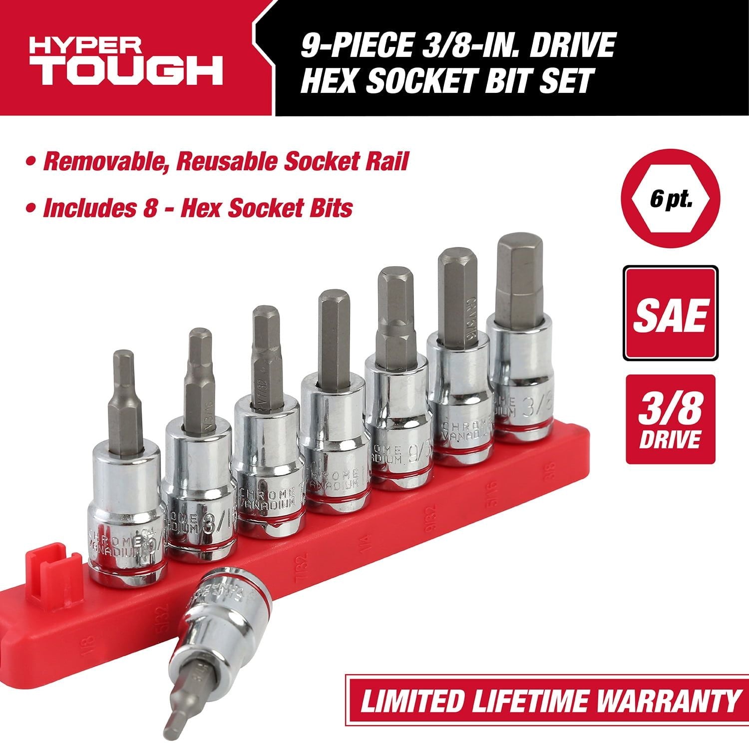 Hyper Tough 9-Piece 3/8-in Drive Standard SAE Sockets, Hex Bit Set