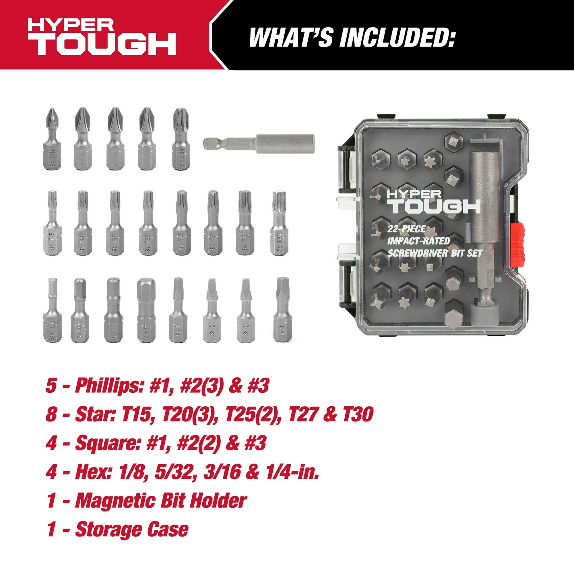 Hyper Tough 22-Piece Impact Rated Screwdriver Bit Set in Reusable Case, 43238CF, New