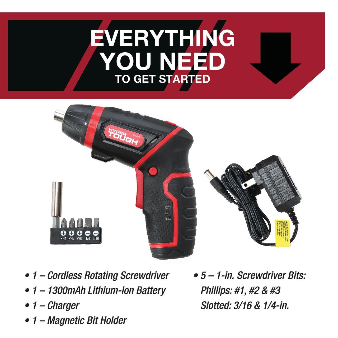 Hyper Tough 4V Max Lithium-Ion Cordless Rotating Power Screwdriver 1/4 inch Size with Charger, Rotating Handle, LED Light, Magnetic Bit Holder & Bits, New Condition
