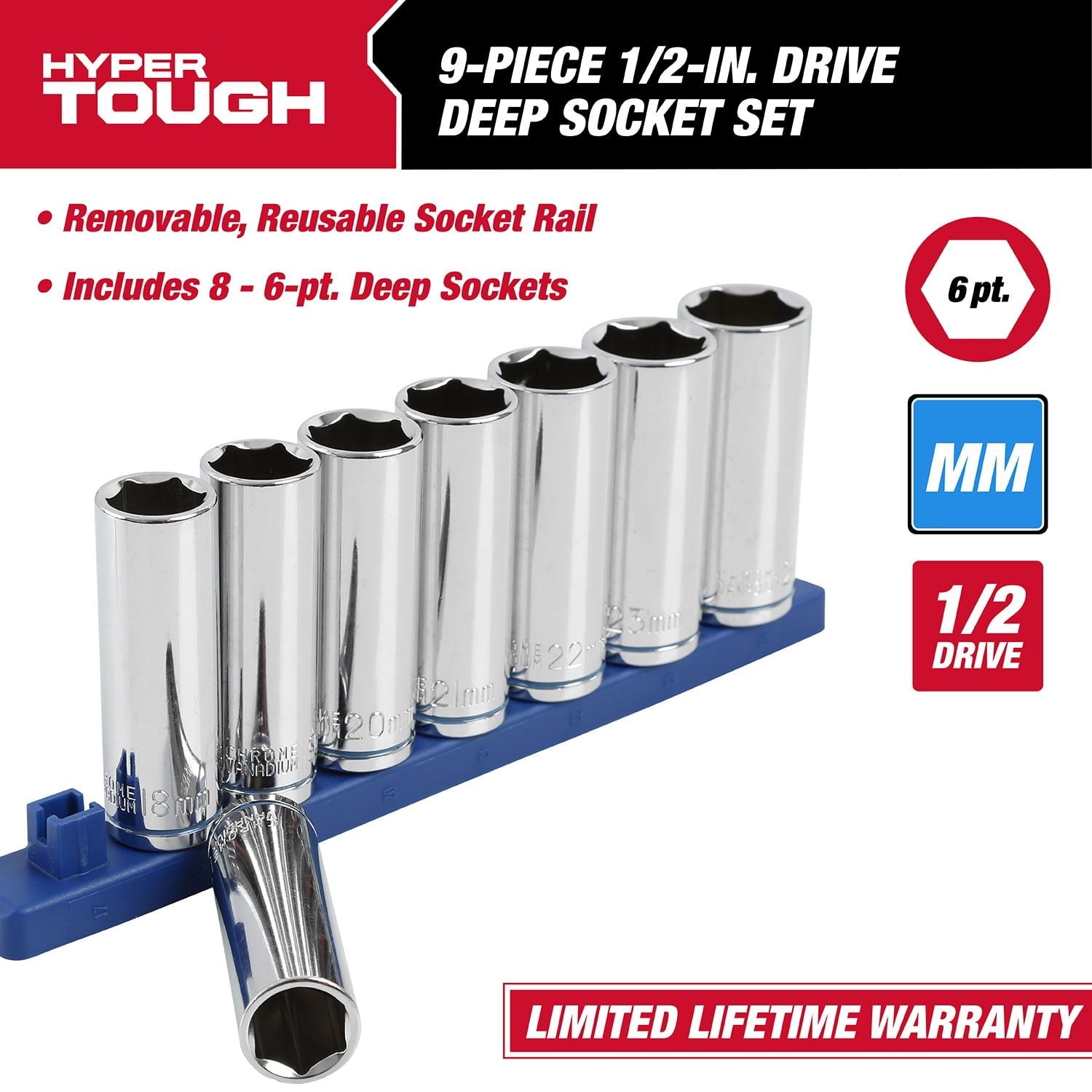 Hyper Tough 9-Piece,1/2-Inch Drive Deep Metric Socket Set, 5834 EasyOptionXY LLC