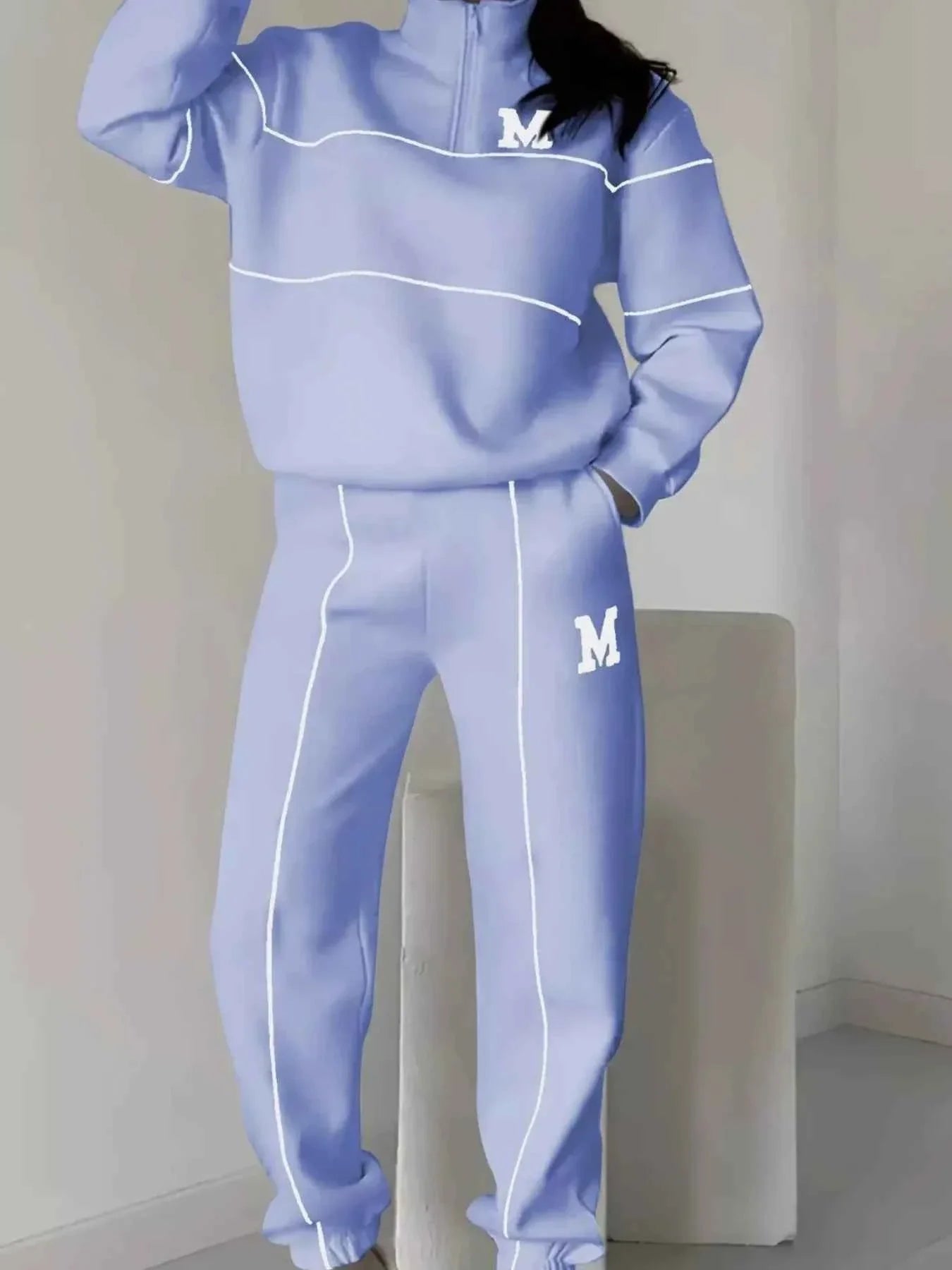 Full Size Striped Quarter Zip Top and Pants Set Plus Size THRIXINE