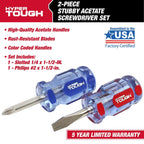 Hyper Tough 2-Piece Stubby Acetate Handle Screwdriver Set, #2 Philips x 1-1/2-Inch and a 1/4-Inch Slotted x 1-1/2-Inch, Gift of Mom