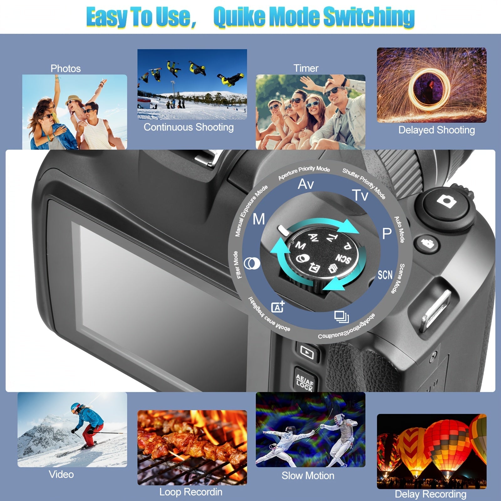 4K Digital Camera for Photography, 10x Zoom YouTube Vlogging Camera, 64MP Auto Focus Compact Camera with 64GB SD Card, Battery, USB Reader & Charging Stand