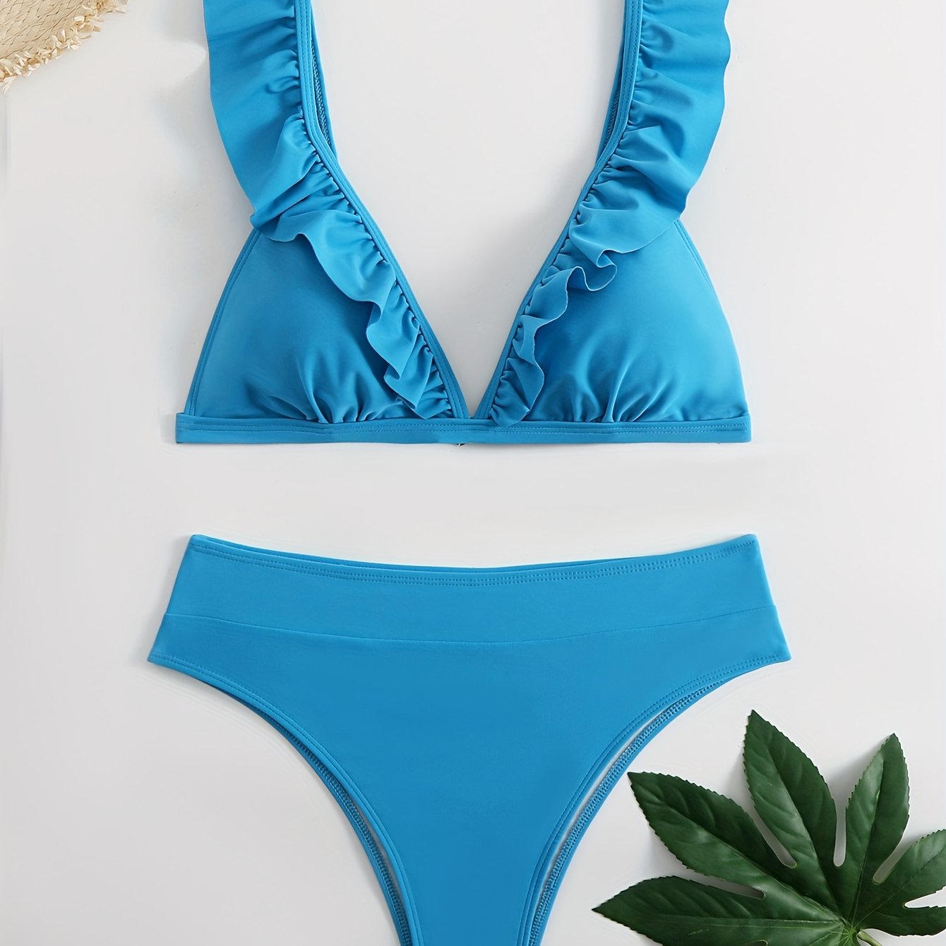 New Elegance Curve V-Neck Bikini Set – Sleek Solid Color High Waist Swimsuit with High-Cut Leg and Delicate Lettuce Trim – Stretch Comfort and Easy-Care Two-Piece Swimwear for Women’s Poolside Style Stevvex