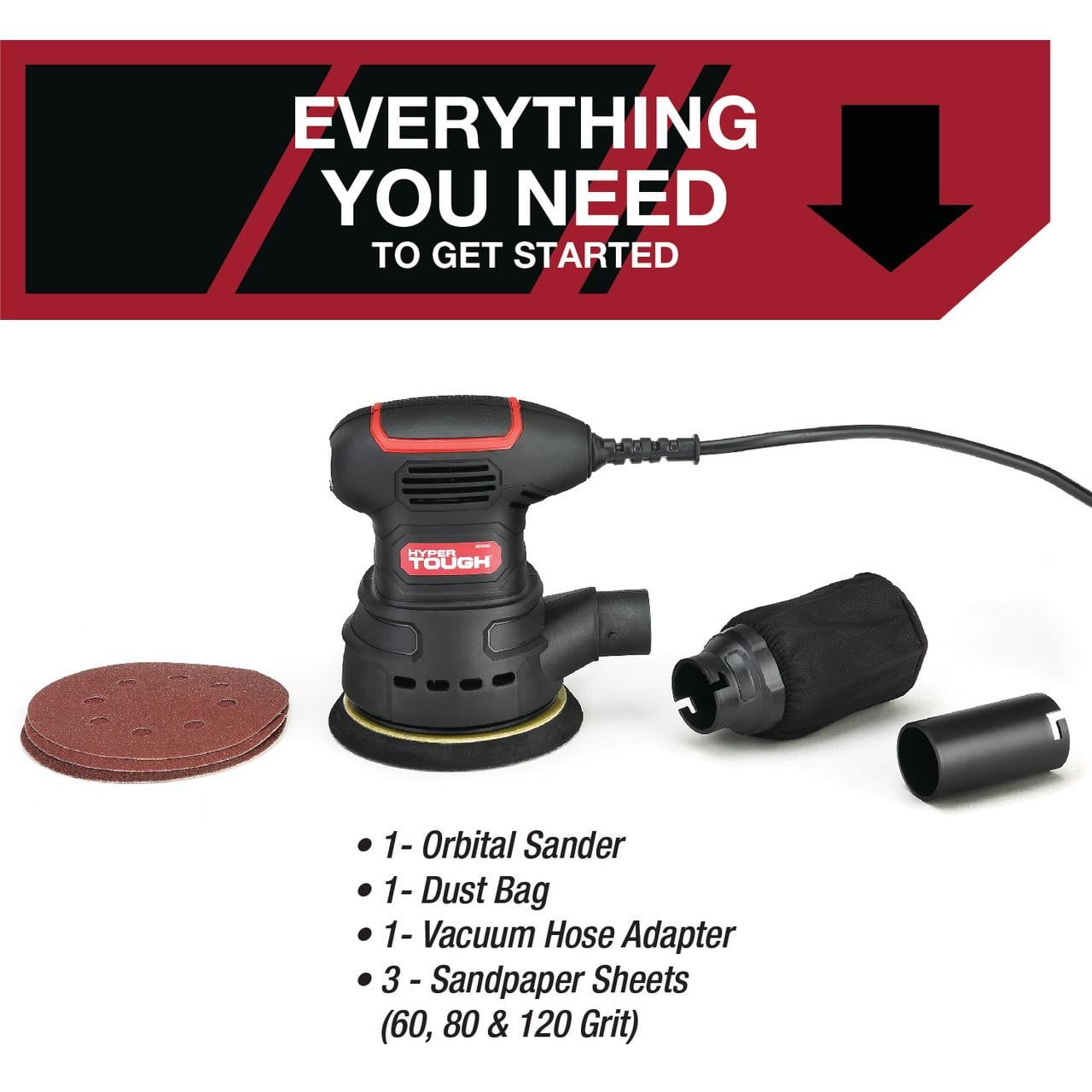 Hyper Tough 2.5 Amp Corded 5 inch Orbital Sander with Dust Bag, Vacuum Hose Adapter & 3 Sanding Sheets, New Condition
