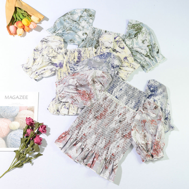 Slim Blouse French Style Tops Leaves Flower Print  Shirt women Elastic Body women's clothing official - SJB-DIAMOND ELITES