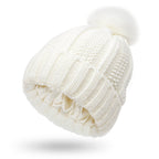 Fashion Stretchy Satin Lined Skull Knit Hats Beanie Hat For Women Faux Fur Pom Pom Hat Winter Keep Warming Beanie Hat Pi-Mart