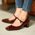Burgundy bright leather strap square toe shoes for women Pi-Mart