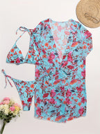 Bikini European Style Floral Print 3 Piece Swimsuit Set for Women – Sexy V Neck Bikini with Cross Strap Detail and Matching Long Sleeve Cover-Up – High Stretch Trendy Swimwear for Summer Beach Vacations Resort Looks and Poolside Fashion