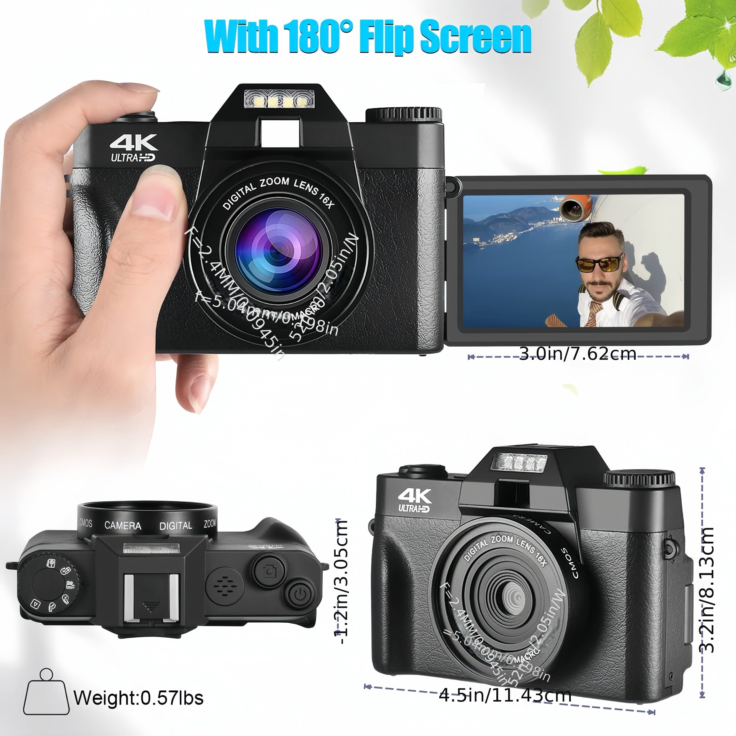 4K 48MP 16X Autofocus Digital Camera for Photography and Video, WiFi Enabled, 3" 180° IPS Flip Screen, Anti-Shake, Compact Vlogging Camera with 32GB Card and 2 Batteries Lootquake LLC