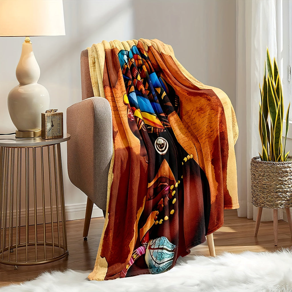 1pc Soft & Warm Flannel Blanket - Vibrant African Woman Pattern, Multi-Purpose Throw Blanket for Couch, Sofa, Office, Bed, Camping, Travel - Cozy Gift for All Seasons, Indoor and Outdoor Use