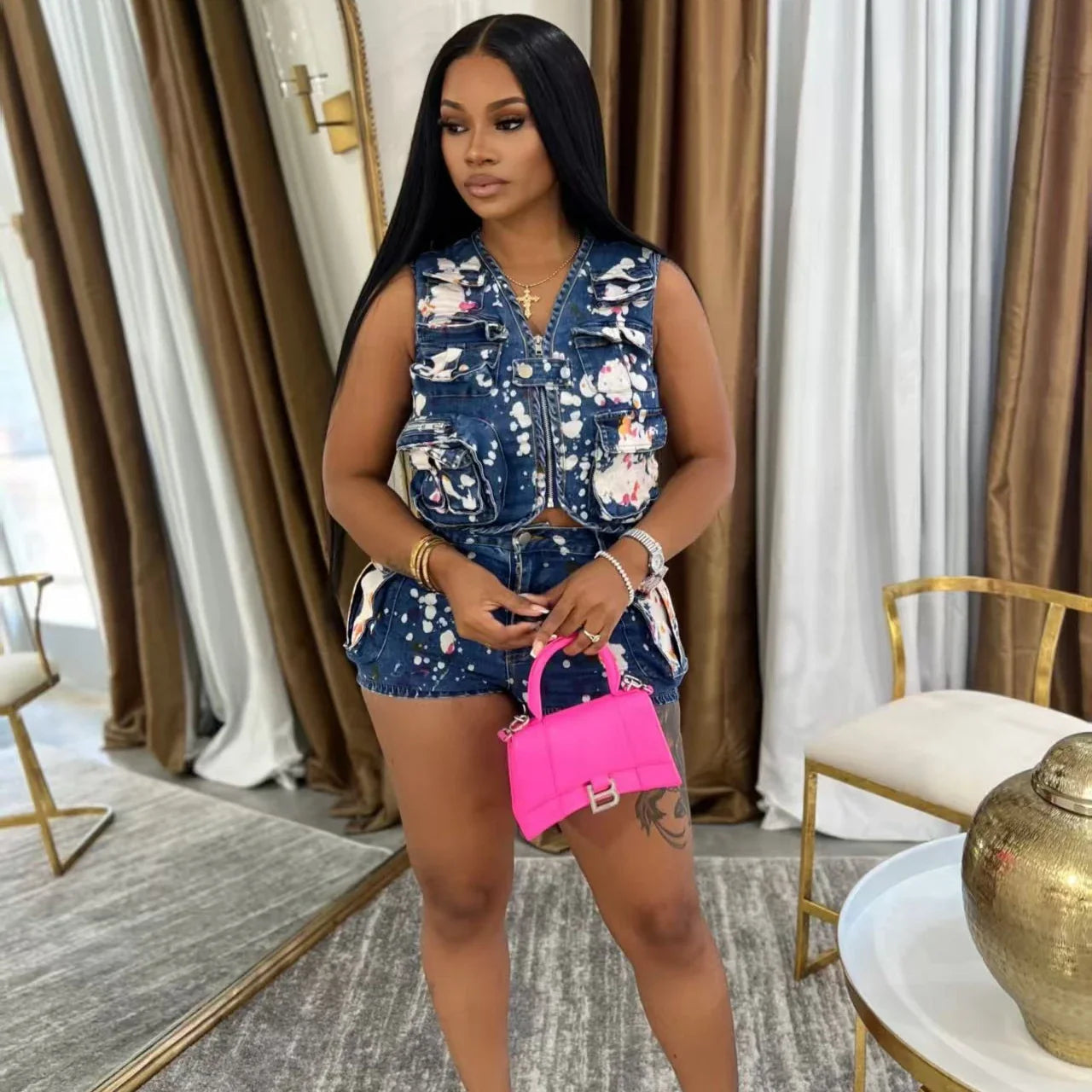 FAGADOER Fashion Printed Denim 2 Pieces Set for Woman Sleeveless Zip Cargo Pocket Jacket Patchwork Crop and Shorts Jeans Outfits Purplish Diva
