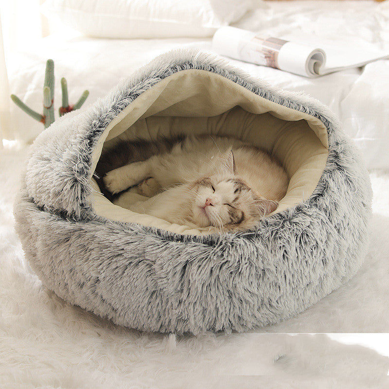 2 In 1 Dog And Cat Bed Pet Winter Bed Round Plush Warm Bed House Soft Long Plush Pets Bed Pi-Mart