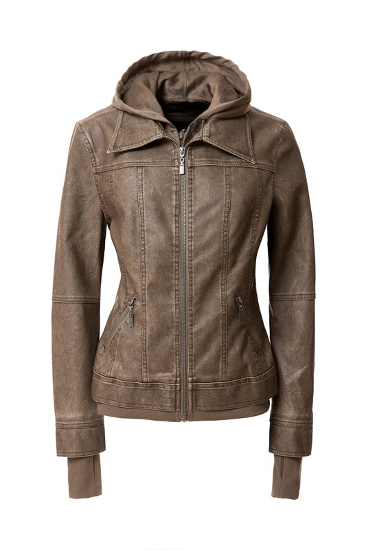 Women's Hood PU Leather Jacket THRIXINE