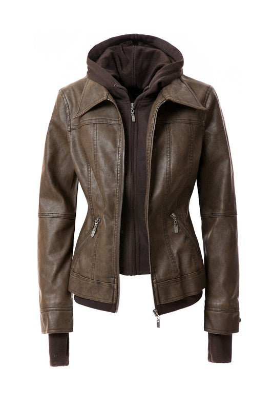 Women's Hood PU Leather Jacket THRIXINE