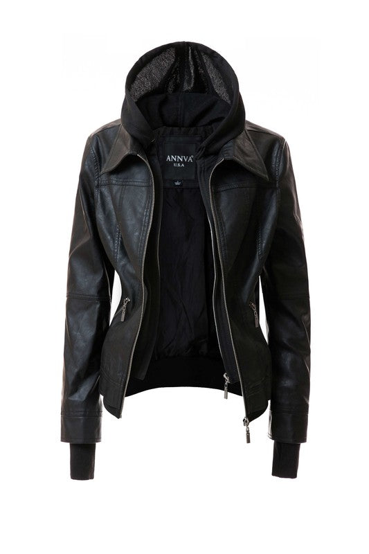 Women's Hood PU Leather Jacket THRIXINE