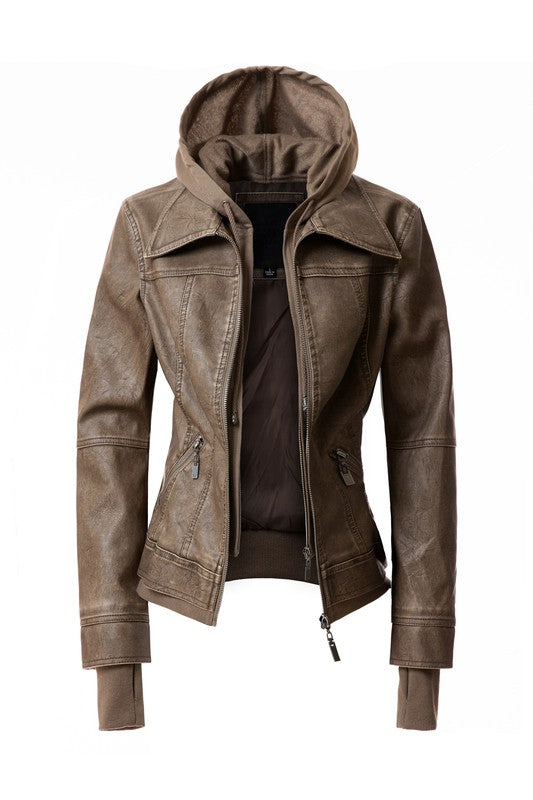 Women's Hood PU Leather Jacket THRIXINE