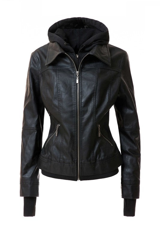 Women's Hood PU Leather Jacket THRIXINE