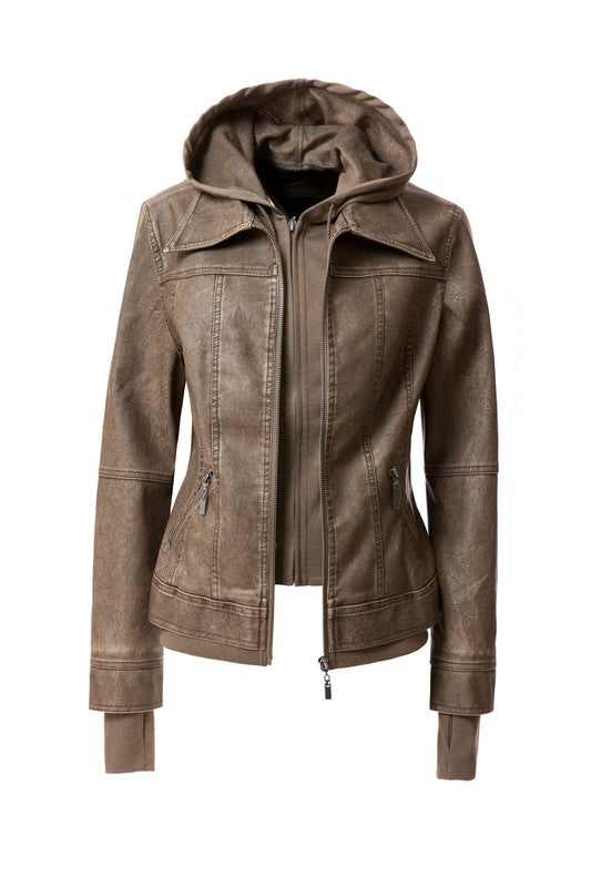 Women's Hood PU Leather Jacket THRIXINE