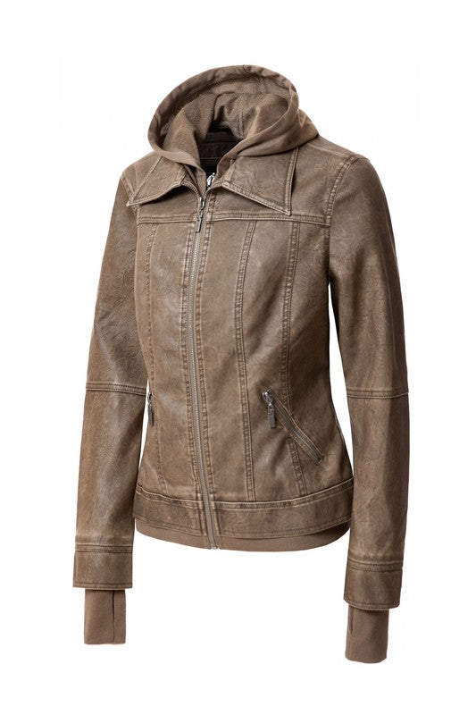 Women's Hood PU Leather Jacket THRIXINE