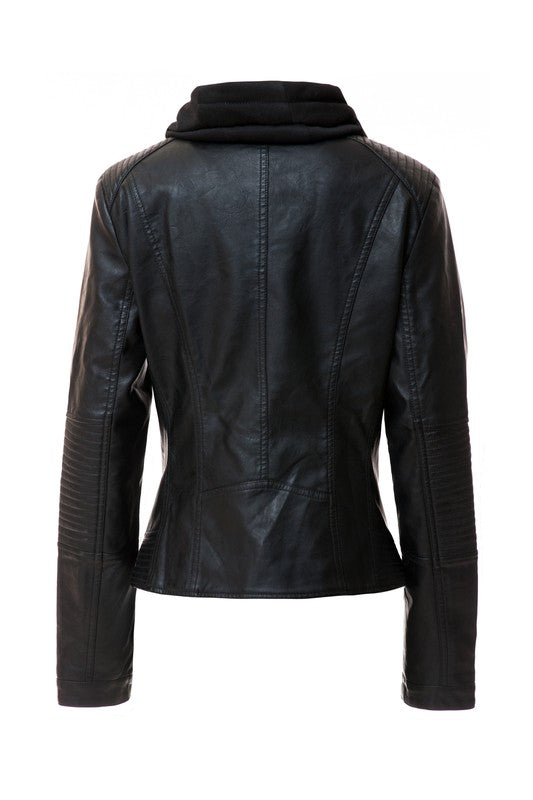Women's Hood PU Leather Jacket THRIXINE