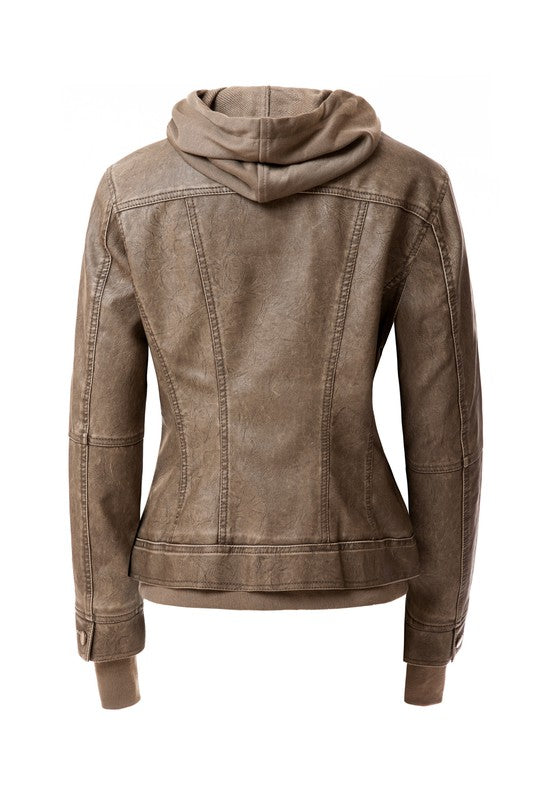Women's Hood PU Leather Jacket THRIXINE