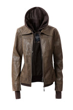 Women's Hood PU Leather Jacket THRIXINE