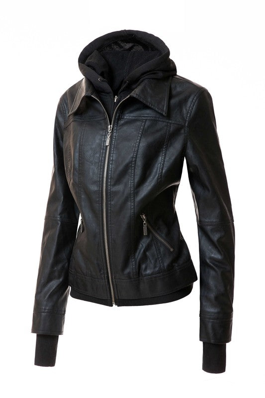 Women's Hood PU Leather Jacket THRIXINE