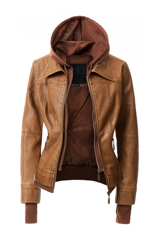 Women's Hood PU Leather Jacket THRIXINE