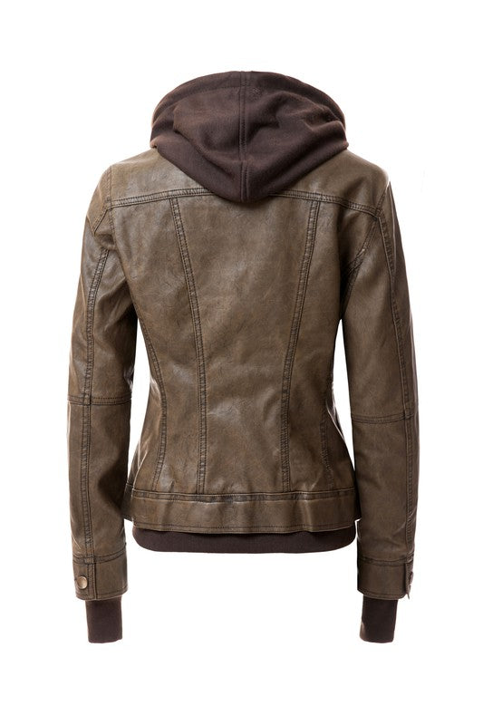 Women's Hood PU Leather Jacket THRIXINE