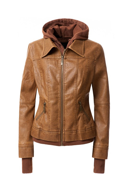 Women's Hood PU Leather Jacket THRIXINE