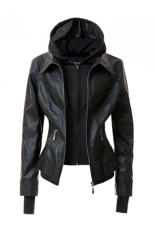 Women's Hood PU Leather Jacket THRIXINE
